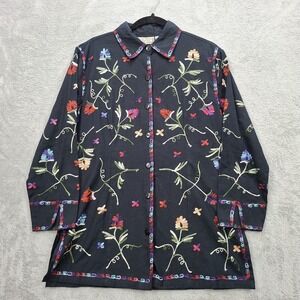 Women's PL Top Linen Blend Floral Embroidered Tunic Button Up Johnny Was Vibes